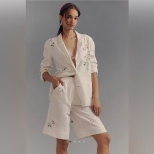 Anthropologie Linen Embroidered Relaxed Bermuda Shorts, NWT